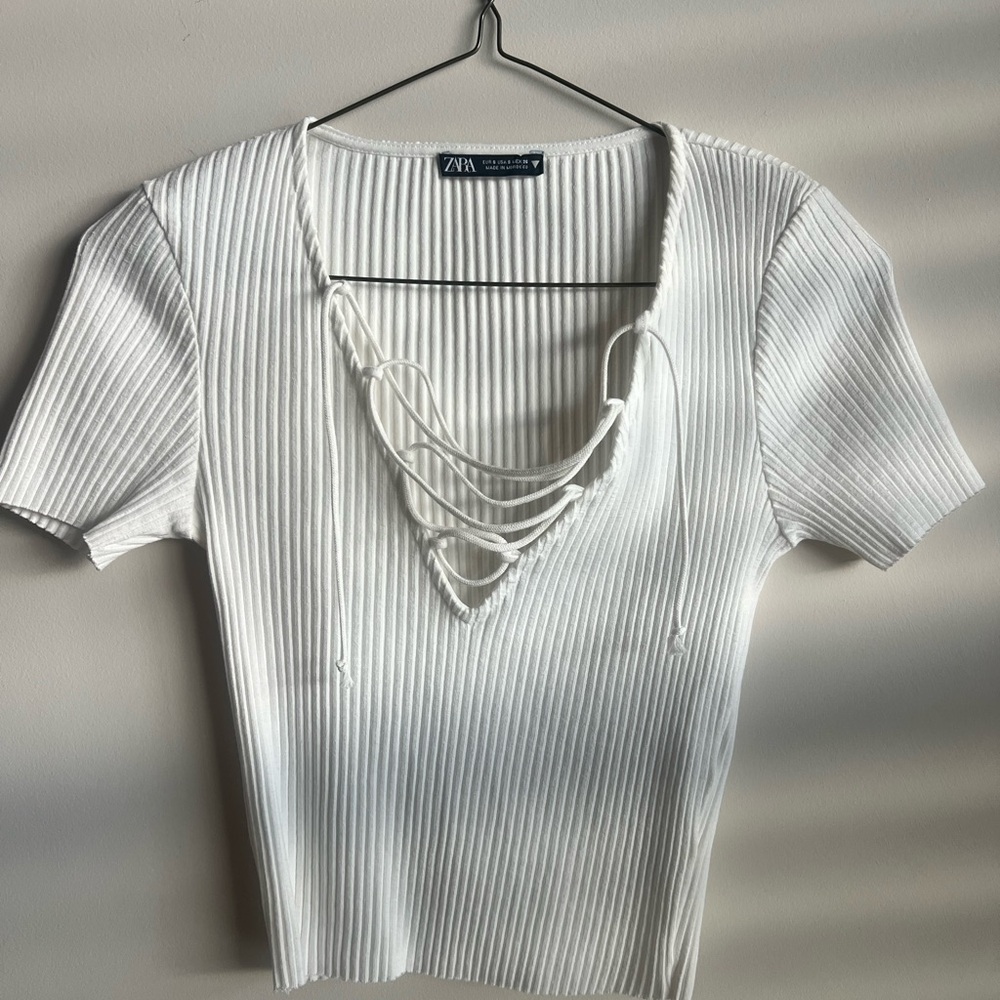 Zara Cream Ribbed Bodysuit with Lace-Up Detail